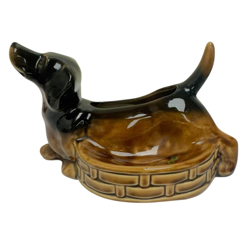 Vintage MCM Dachshund Dog Puppy Ceramic Planter & Dish Figurine